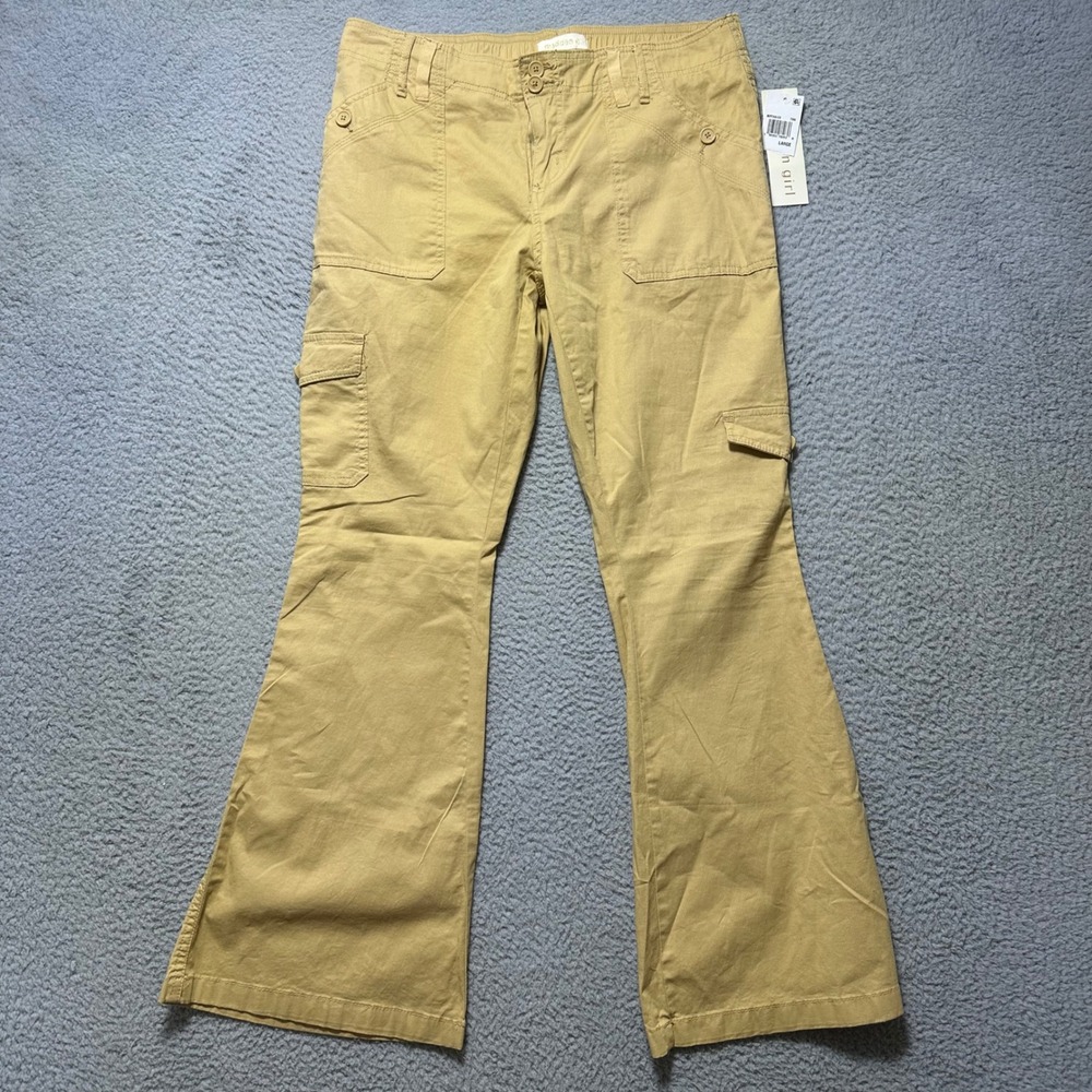Madden Girl Cargo Pants Womens Large Tan Flare Leg‎ Utility Y2K NWT Stretch
